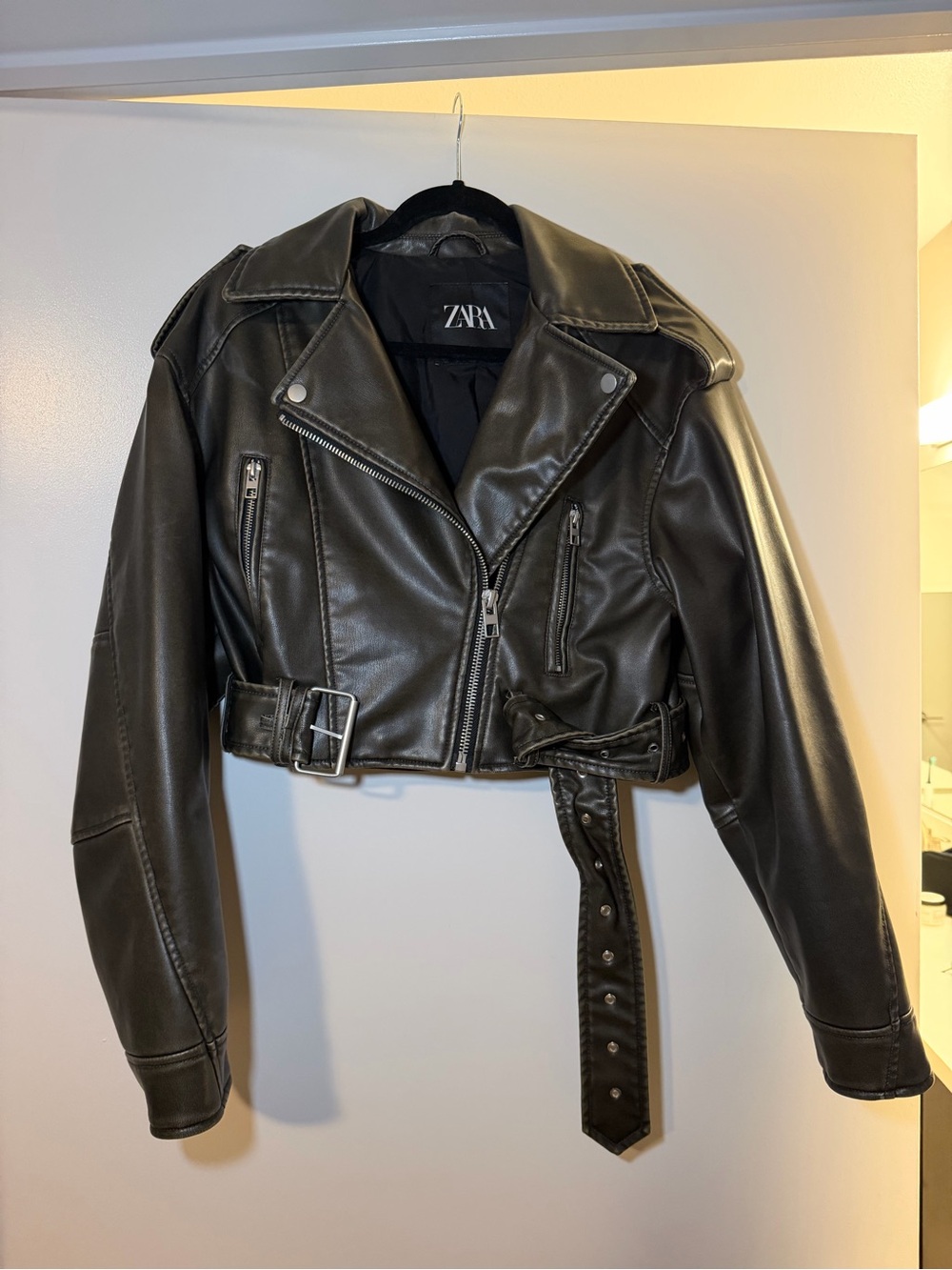 Zara Faux Leather Cropped Biker Jacket  - size s